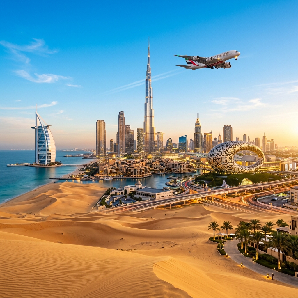 Dubai skyline and airplane